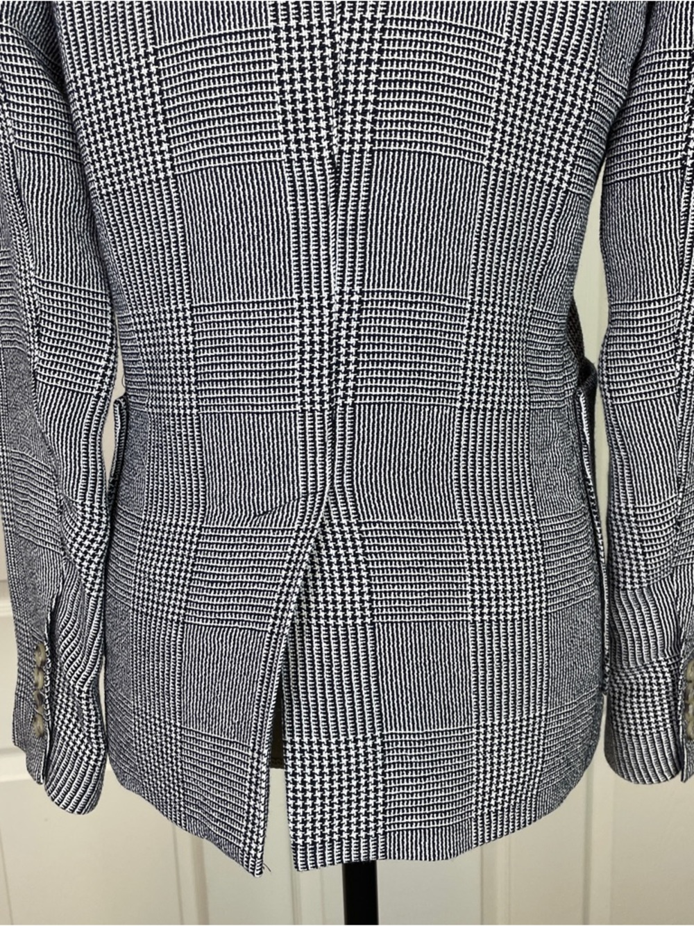 SMYTHE Portrait Neck Blazer Navy Prince of Wales Glen Plaid Linen Blend 8 - Picture 7 of 10